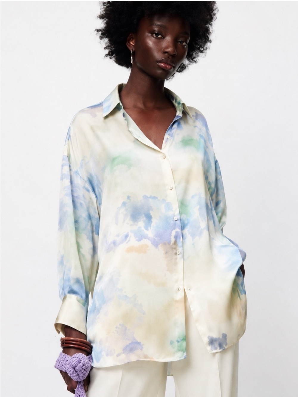 Zara oversized shirt top dress long sleeve tie dye beige blue green button down